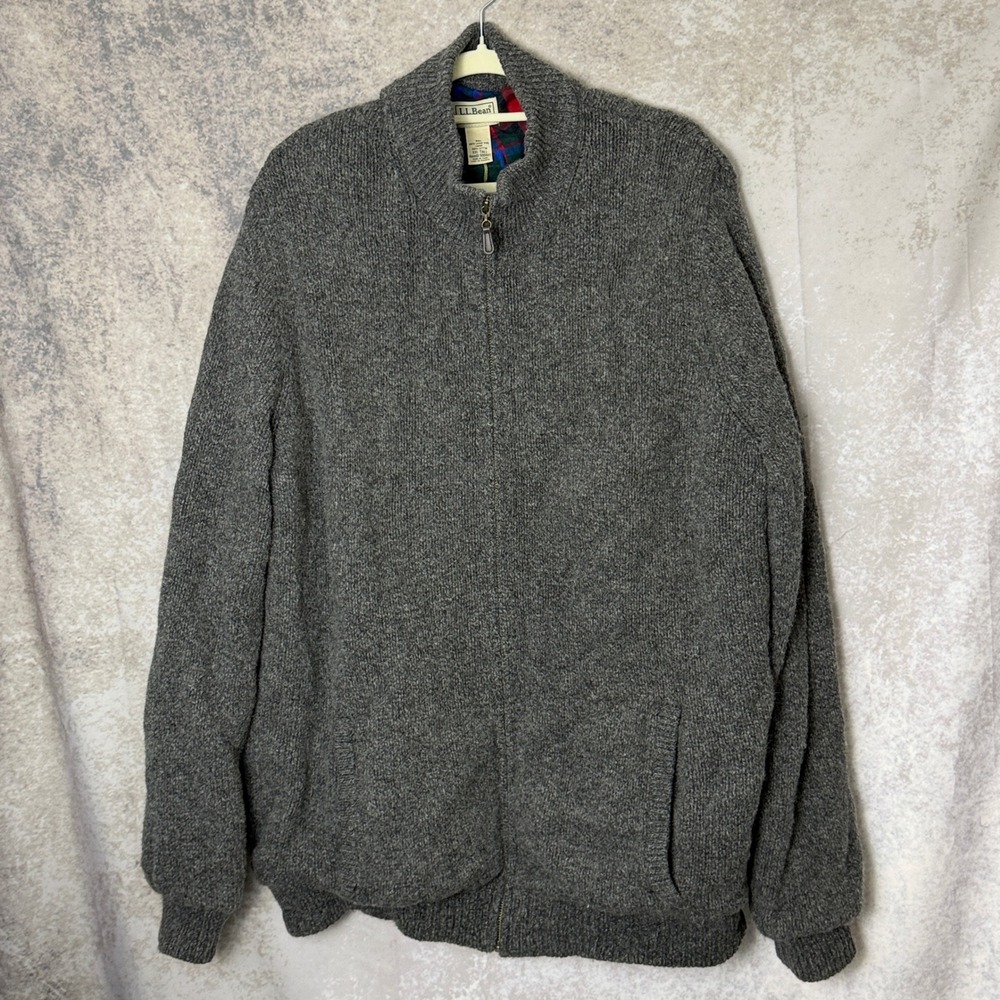 L.L.Bean Lambswool Full Zip Sweater Men's XXL Tall Gray Plaid Flannel Lined
